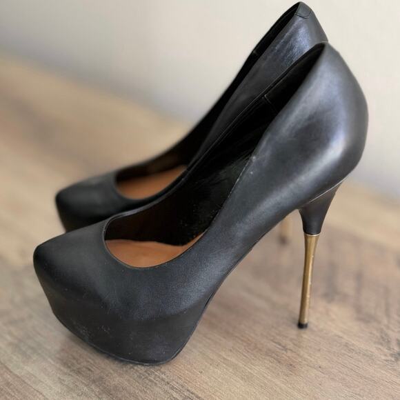 Steve Madden Spikely Black Leather Platform Heels Gold Stiletto 8B - Picture 3 of 5